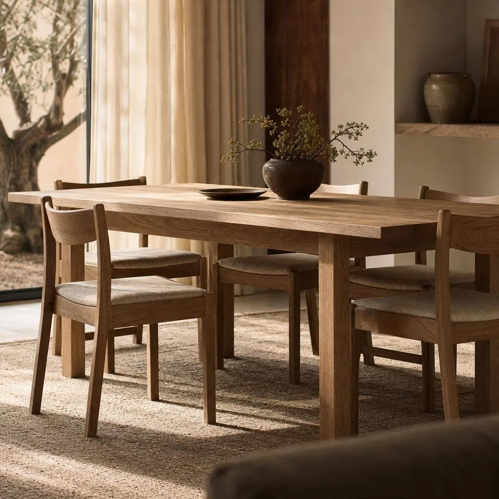 An oak dining table set in a warm, sunlit room